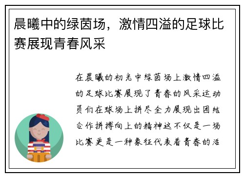 晨曦中的绿茵场，激情四溢的足球比赛展现青春风采