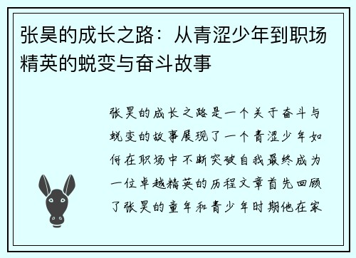 张昊的成长之路：从青涩少年到职场精英的蜕变与奋斗故事