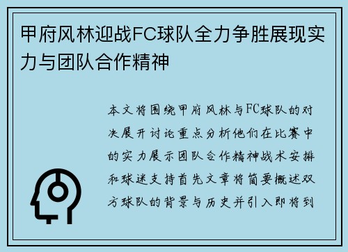 甲府风林迎战FC球队全力争胜展现实力与团队合作精神