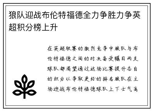 狼队迎战布伦特福德全力争胜力争英超积分榜上升