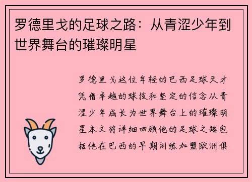 罗德里戈的足球之路：从青涩少年到世界舞台的璀璨明星