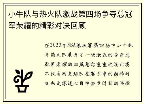 小牛队与热火队激战第四场争夺总冠军荣耀的精彩对决回顾