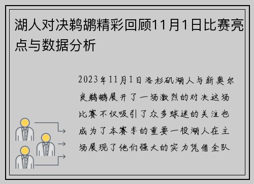 湖人对决鹈鹕精彩回顾11月1日比赛亮点与数据分析