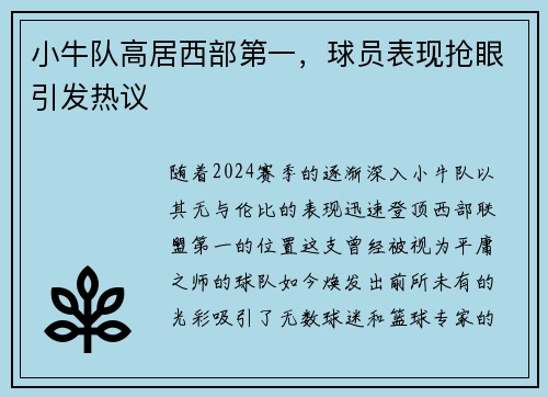 小牛队高居西部第一，球员表现抢眼引发热议