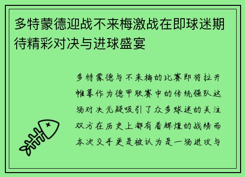 多特蒙德迎战不来梅激战在即球迷期待精彩对决与进球盛宴