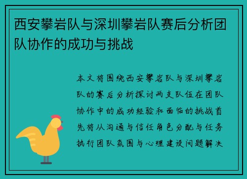 西安攀岩队与深圳攀岩队赛后分析团队协作的成功与挑战